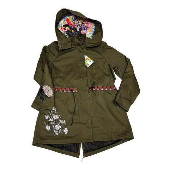 Desigual Jacket 6 Olive Green Parka‎ Victorian Gothic Hooded Embroidered Floral - Picture 3 of 16